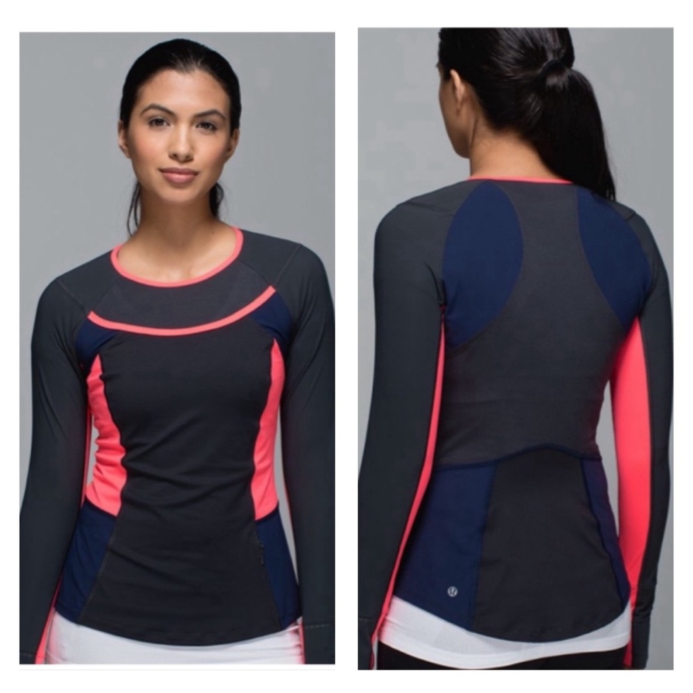 Lululemon Women Trail Bound Long Sleeve Top Deep Coal Deep Navy Electric Coral 6